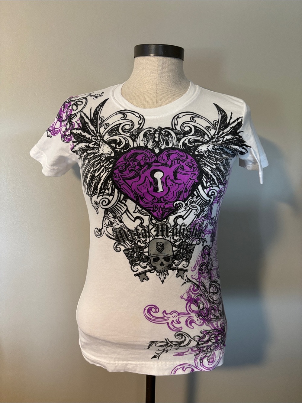 Metal Mulisha Women’s White Tee with Purple Heart Keyhole Graphic